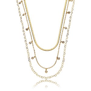 Colar de trio cravejado de zirconia cristal banho em ouro 18k