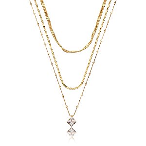 Colar de trio cravejado de zirconia cristal banho em ouro 18k