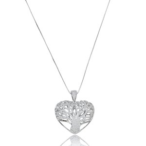 Colar com pingente de coração cravejado de zirconia cristal banho em rodio branco