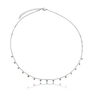 Colar cravejado de zirconia colorida banho em rodio branco