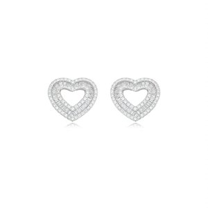 Brinco de base de coração cravejado de zirconia cristal banho em rodio branco