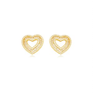 Brinco de base de coração cravejado de zirconia cristal banho em ouro 18k