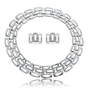 Conjunto de brinco e colar cravejado de zirconia cristal banho em rodio branco