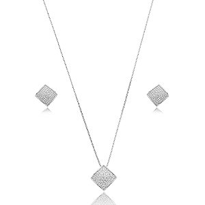 Conjunto de brinco e colar cravejado de zirconia cristal banho em rodio branco