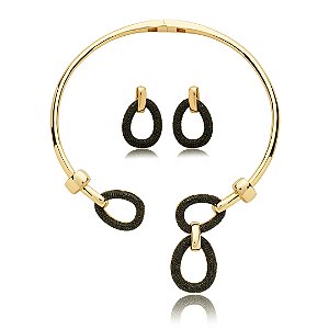Conjunto de brinco e colar cravejado de zirconia onix banho em ouro 18k