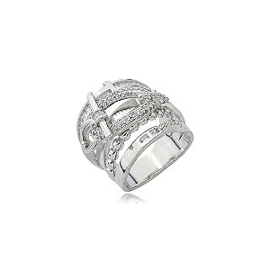 Anel cravejado de zirconia cristal banho em rodio branco