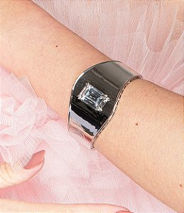 Bracelete cravejado de zirconia cristal banho em rodio branco