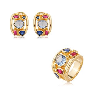 Conjunto de brinco e anel cravejado banho em ouro 18K