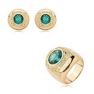 Conjunto de brinco e anel cravejado de zirconia turmalina banho em ouro 18k