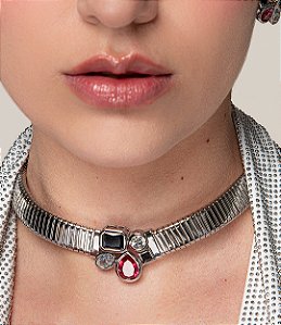 Colar de aro cravejado banho em rodio branco