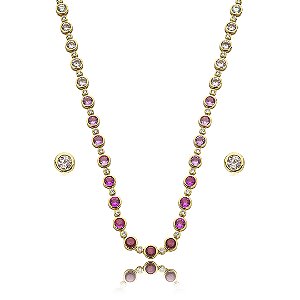 Conjunto de brinco e colar riviera cravejado de zirconia pink banho em ouro 18k