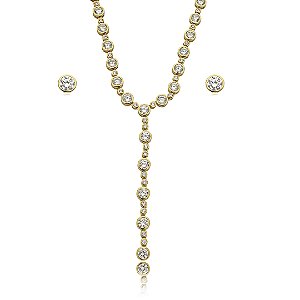 Conjunto de brinco e colar riviera gravata cravejado de zirconia cristal banho em ouro 18k