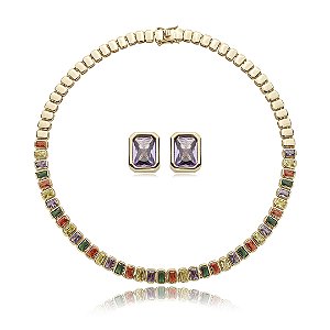 Conjunto de brinco e colar riviera cravejado de zirconia rainbow banho em ouro 18k