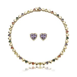 Conjunto de brinco e colar riviera de coração cravejado de zirconia rainbow banho em ouro 18k