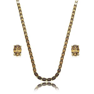 Conjunto de brinco e colar riviera cravejado de zirconia citrino banho em ouro 18k