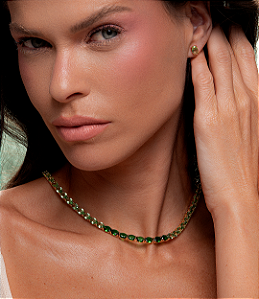 Conjunto de brinco e colar riviera cravejado de zirconia esmeralda banho em ouro 18k
