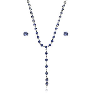 Conjunto de brinco e colar riviera gravata cravejado de zirconia safira banho em rodio branco