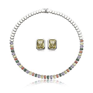 Conjunto de brinco e colar riviera cravejado de zirconia rainbow banho em rodio branco