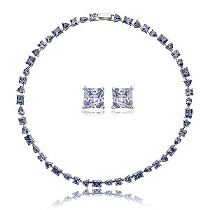 Conjunto de brinco e colar de riviera cravejado de zirconia tanzanita banho em rodio branco