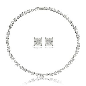 Conjunto de brinco e colar de riviera cravejado de zirconia cristal banho em rodio branco