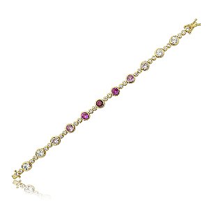 Pulseira riviera cravejada de zirconia pink banho em ouro 18k