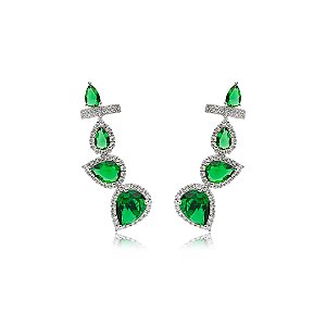 Brinco ear cuff cravejado de zirconia esmeralda banho em rodio branco