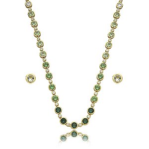 Conjunto riviera de brinco e colar cravejado de zirconia esmeralda banho em ouro 18k