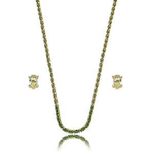 Conjunto riviera de brinco e colar cravejado de zirconia esmeralda banho em ouro 18k