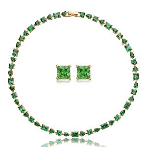 Conjunto riviera de brinco e colar cravejado de zirconia esmeralda banho em ouro 18k