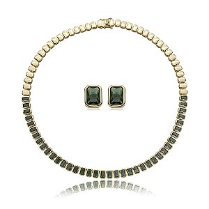 Conjunto riviera de brinco e colar cravejado de zirconia esmeralda banho em ouro 18k