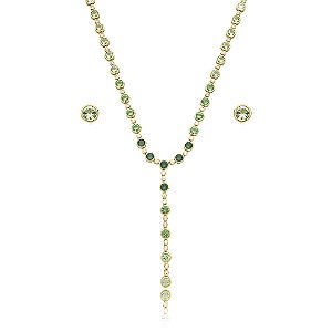 Conjunto riviera  gravata brinco e colar cravejado de zirconia esmeralda banho em ouro 18k