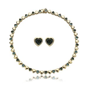 Conjunto de coração de brinco e colar cravejado de zirconia banho em ouro 18k