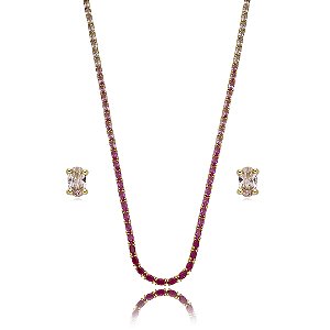Conjunto riviera de brinco e colar cravejado de zirconia pink banho em ouro 18k