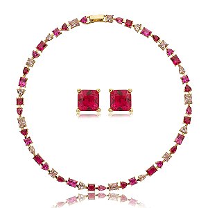 Conjunto riviera de brinco e colar cravejado de zirconia pink banho em ouro 18k