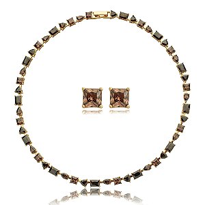 Conjunto riviera de brinco e colar cravejado de zirconia granada banho em ouro 18k