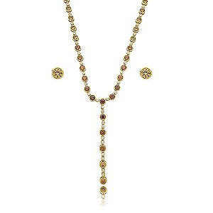 Conjunto riviera gravata de brinco e colar cravejado de zirconia citrino banho em ouro 18k