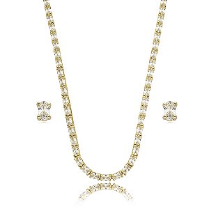 Conjunto riviera de brinco e colar cravejado de zirconia cristal banho em ouro 18k