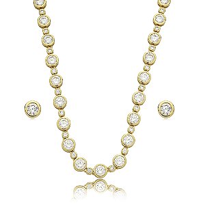 Conjunto riviera de brinco e colar cravejado de zirconia cristal banho em ouro 18k