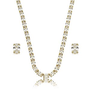 Conjunto riviera de brinco e colar cravejado de zirconia cristal banho em ouro 18k