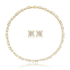 Conjunto riviera de brinco e colar cravejado de zirconia cristal banho em ouro 18k