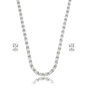 Conjunto riviera de brinco e colar cravejado de zirconia cristal banho em rodio branco