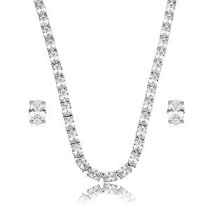 Conjunto riviera de brinco e colar cravejado de zirconia cristal banho em rodio branco