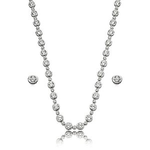 Conjunto riviera de brinco e colar cravejado de zirconia cristal banho em rodio branco