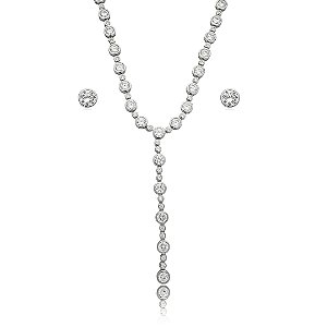 Conjunto riviera gravata de brinco e colar cravejado de zirconia cristal banho em rodio branco
