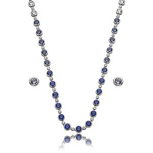 Conjunto riviera de brinco e colar cravejado de zirconia safira banho em rodio branco