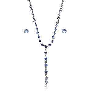 Conjunto riviera gravata de brinco e colar cravejado de zirconia safira banho em rodio branco