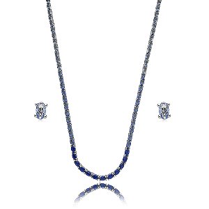 Conjunto riviera de brinco e colar cravejado de zirconia safira banho em rodio branco