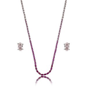 Conjunto riviera de brinco e colar cravejado de zirconia pink banho em rodio branco