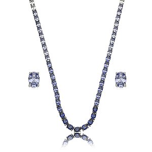 Conjunto riviera de brinco e colar cravejado de zirconia tanzanita banho em rodio branco