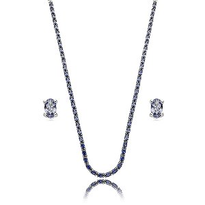 Conjunto riviera de brinco e colar cravejado de zirconia tanzanita banho em rodio branco